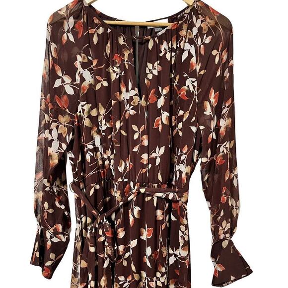 Calvin Klein Printed Round Neck Midi Chiffon Dress Size 16 Syrah Multi Belted - Picture 2 of 14